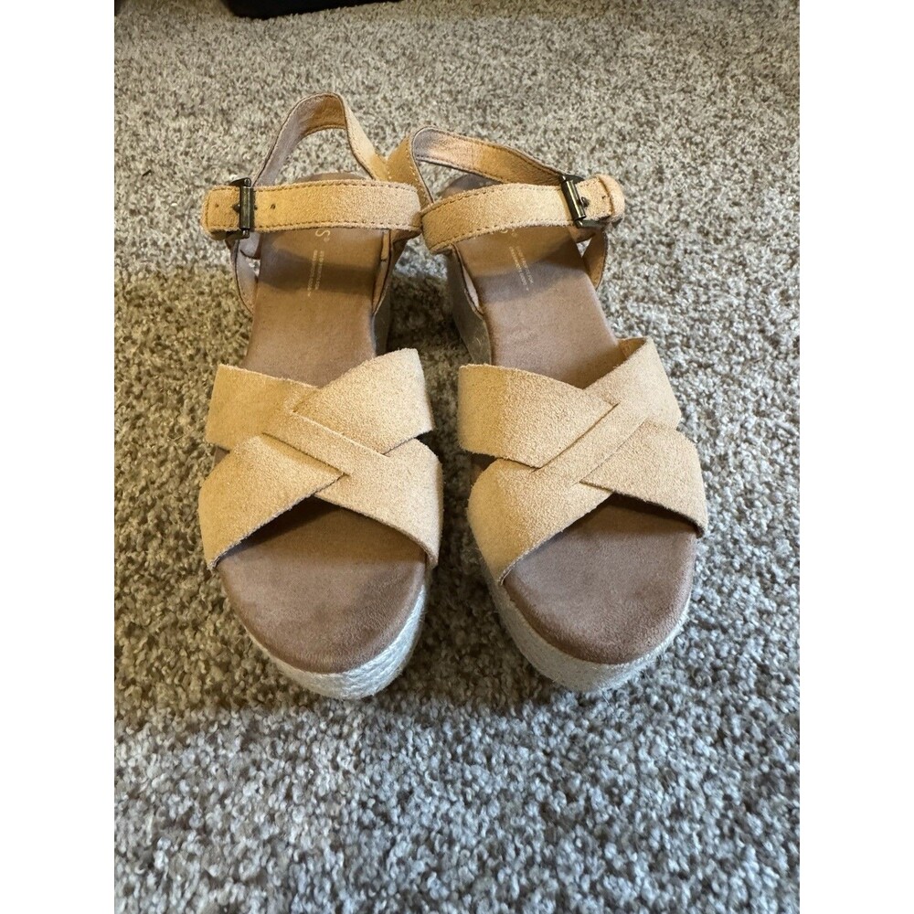 TOMS Womens Size 8 Tan Suede Platform Espadrille Sandals Ankle Strap Boho